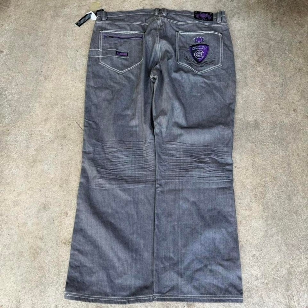 NWT Vintage Y2K Coogi Gray Denim Jeans Purple Embroidery Baggy Skater 50x36